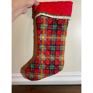 Vintage Calico Critters Christmas Stocking Quilted Red Plaid Rickrack Lace USA